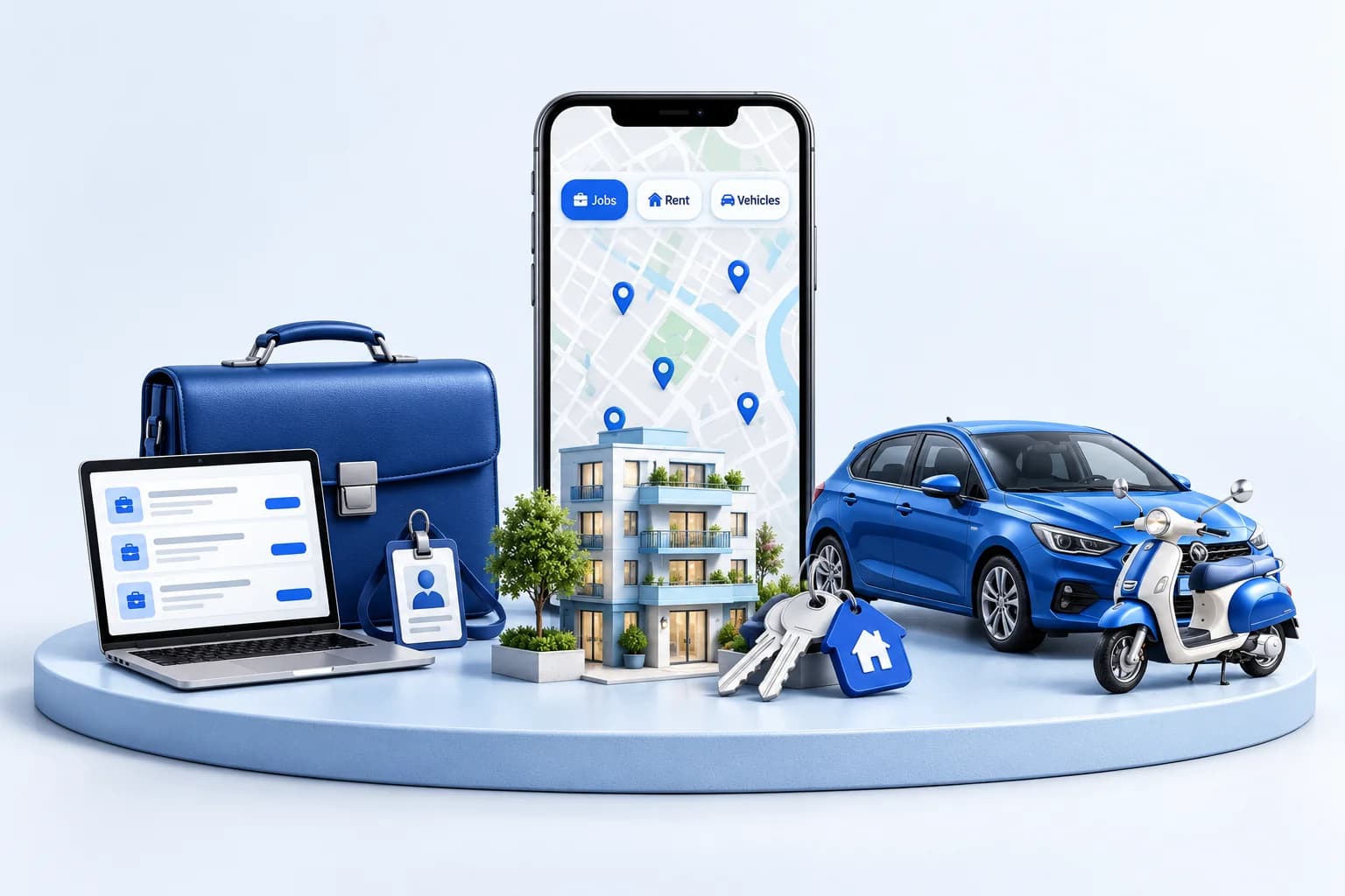 Blue GenZLink illustration showing jobs with a laptop and briefcase, rentals with an apartment and keys, and vehicles with a car and scooter around a map-based app.